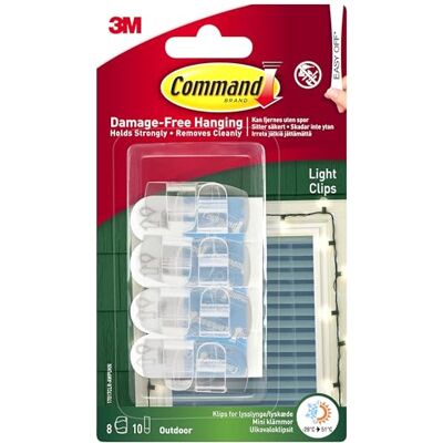 Command Clips transparentes para luz exterior con tiras adhesivas, 8 mini ganchos y 10 tiras adhesivas pequeñas, clips de decoración para colgar luces al aire libre, colgar sin daños Command Clips transparentes para luz exterior con tiras adhesivas, 8 mini ganchos y 10 tiras adhesivas pequeñas, clips de decoración para colgar luces al aire libre, colgar sin daños
