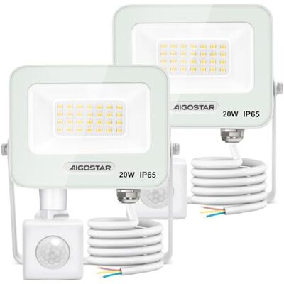 Aigostar 20W Foco LED Exterior con Sensor Movimiento PIR Blanco,2 piezas,1650LM Super Brillo Proyector LED Interior, IP65 Impermeable,Blanco Natural 4000K,Luz de Seguridad para Jardín,Patio,Garaje Aigostar 20W Foco LED Exterior con Sensor Movimiento PIR Blanco,2 piezas,1650LM Super Brillo Proyector LED Interior, IP65 Impermeable,Blanco Natural 4000K,Luz de Seguridad para Jardín,Patio,Garaje