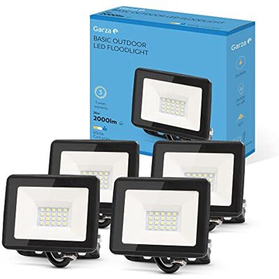 Garza PACK 4 Focos de exterior LED, 20W, 2000 lumenes, Luz fría 6500K, Proyector LED Impermeable (IP65) para Casa, Jardín, Garaje, Patio Garza PACK 4 Focos de exterior LED, 20W, 2000 lumenes, Luz fría 6500K, Proyector LED Impermeable (IP65) para Casa, Jardín, Garaje, Patio