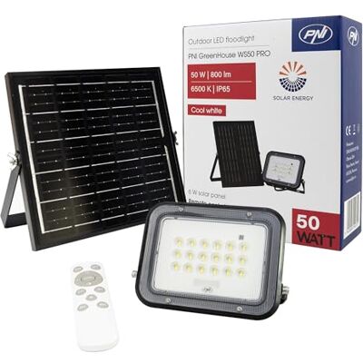 PNI Proyector LED GreenHouse WS50 PRO de 50 W con panel solar de 6 W, batería de 5000 mAh, 800 lm, control remoto, temporizador y brillo ajustable, 6500 K, IP65 PNI Proyector LED GreenHouse WS50 PRO de 50 W con panel solar de 6 W, batería de 5000 mAh, 800 lm, control remoto, temporizador y brillo ajustable, 6500 K, IP65
