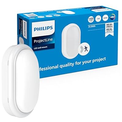 Philips ProjectLine LED para Montaje en Pared, 1400 lm, 4000 K, Sensor Integrado, Fácil Instalación, Interior/Exterior, Ovalada, Blanca Philips ProjectLine LED para Montaje en Pared, 1400 lm, 4000 K, Sensor Integrado, Fácil Instalación, Interior/Exterior, Ovalada, Blanca