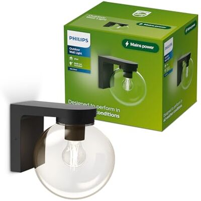 Philips Ulio Aplique de Pared Exterior + Bombilla LED E27, Luz Blanca Cálida, IP44 Resistente a la Intemperie, Duradera, Aluminio y Cristal, Diseño Moderno, Color Negro Philips Ulio Aplique de Pared Exterior + Bombilla LED E27, Luz Blanca Cálida, IP44 Resistente a la Intemperie, Duradera, Aluminio y Cristal, Diseño Moderno, Color Negro