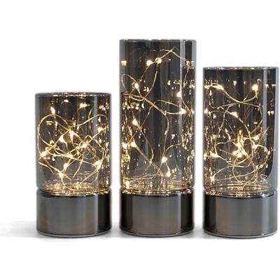 Rhytsing 3 Faroles Cilíndricos de Cristal Gris Diseño Clásico, lámpara LED de mesa con Guirnalda Luces LED, Velas a Pilas con Temporizador Decorativas Grandes, Alturas 12,5/15/17,5cm Rhytsing 3 Faroles Cilíndricos de Cristal Gris Diseño Clásico, lámpara LED de mesa con Guirnalda Luces LED, Velas a Pilas con Temporizador Decorativas Grandes, Alturas 12,5/15/17,5cm