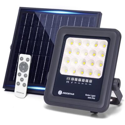 Aigostar Foco proyector LED solar con control remoto,focos solare de 50W, 500LM,luz blanca fría de 6500K,IP65 impermeable Luz solar exterior,para jardín,terrazas,caminos,garajes,cable de 2M Aigostar Foco proyector LED solar con control remoto,focos solare de 50W, 500LM,luz blanca fría de 6500K,IP65 impermeable Luz solar exterior,para jardín,terrazas,caminos,garajes,cable de 2M