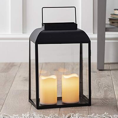 Lights4fun Farolillo de Metal Negro de 35cm con 2 Velas LED a Pilas para Interiores y Exteriores Lights4fun Farolillo de Metal Negro de 35cm con 2 Velas LED a Pilas para Interiores y Exteriores