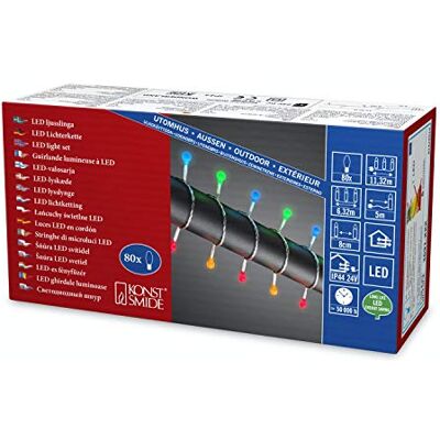 Konstsmide Cadena de luces LED redondas, 80 diodos de colores, transformador exterior de 24 V, cable transparente – Konstsmide Cadena de luces LED redondas, 80 diodos de colores, transformador exterior de 24 V, cable transparente –