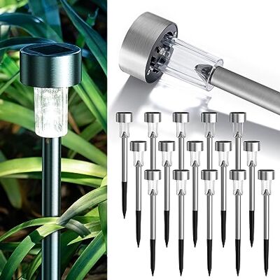 GIGALUMI Luces solares para el jardín, camino de luces LED para exteriores, de acero inoxidable, 16 unidades, blanco GIGALUMI Luces solares para el jardín, camino de luces LED para exteriores, de acero inoxidable, 16 unidades, blanco