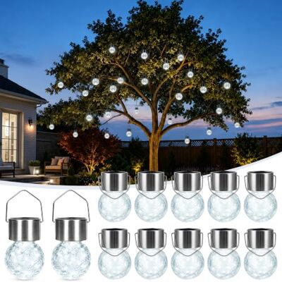 GIGALUMI Luces Solares Colgantes de Vidrio Agrietado para Exteriores Decoración de Navidad, Impermeables para Jardín, Patio y Valla Paquete de 12 GIGALUMI Luces Solares Colgantes de Vidrio Agrietado para Exteriores Decoración de Navidad, Impermeables para Jardín, Patio y Valla Paquete de 12