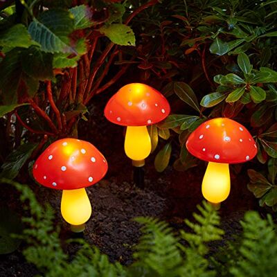 Lights4fun Juego de 3 Estacas Solares de Champiñones con LED Blancos Cálidos para Exteriores Lights4fun Juego de 3 Estacas Solares de Champiñones con LED Blancos Cálidos para Exteriores