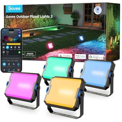 Govee Faros LED Exteriores 2, RGBIC Faros Exteriores con Luz Blanca Fría y Cálida, Funciona con Alexa, Google Home, Matter, 50+ Escenas, Impermeables IP66 Foco para Jardín y Patio, 4pcs Govee Faros LED Exteriores 2, RGBIC Faros Exteriores con Luz Blanca Fría y Cálida, Funciona con Alexa, Google Home, Matter, 50+ Escenas, Impermeables IP66 Foco para Jardín y Patio, 4pcs