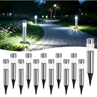 Aigostar 12Uds Luces Solares Jardin Pincho, Acero Inoxidable, IP44, Luz Fría 6500K, Luz Solar Exterior Jardin para Terraza Césped Patio Pasillo H31.5cm Aigostar 12Uds Luces Solares Jardin Pincho, Acero Inoxidable, IP44, Luz Fría 6500K, Luz Solar Exterior Jardin para Terraza Césped Patio Pasillo H31.5cm