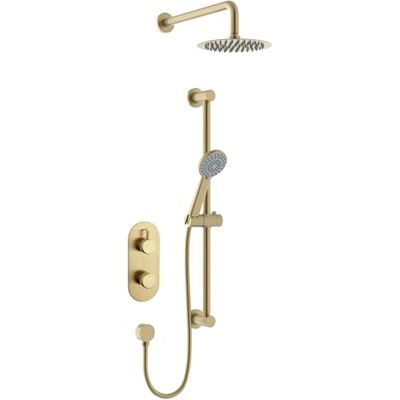 Bristan Molida Mezclador termostático de ducha con tecnología Safe Touch y dos salidas, acabado de latón cepillado Bristan Molida Mezclador termostático de ducha con tecnología Safe Touch y dos salidas, acabado de latón cepillado