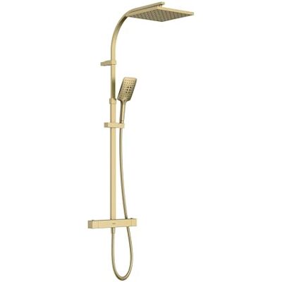 Bristan Qubo Ducha termostática con mezclador de barra con tecnología Safe Touch y dos salidas, acabado de latón cepillado Bristan Qubo Ducha termostática con mezclador de barra con tecnología Safe Touch y dos salidas, acabado de latón cepillado