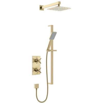 Bristan Cruzar Mezclador termostático de ducha con tecnología Safe Touch y dos salidas, acabado de latón cepillado Bristan Cruzar Mezclador termostático de ducha con tecnología Safe Touch y dos salidas, acabado de latón cepillado