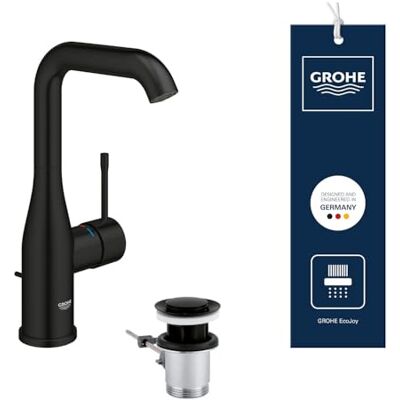 Grohe Essence – Grifo Monomando de Lavabo con Vaciado Automático (Tamaño L 244 mm, Caño Giratorio, Palanca Metálica, Cartucho Cerámico 28 mm, Flexibles 3/8"), Negro Mate, Grohe Essence – Grifo Monomando de Lavabo con Vaciado Automático (Tamaño L 244 mm, Caño Giratorio, Palanca Metálica, Cartucho Cerámico 28 mm, Flexibles 3/8"), Negro Mate,