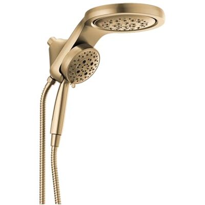 DELTA Faucet HydroRain Cabezal de ducha doble H2Okinetic de 5 pulverizaciones con rociador de mano y manguera, dorado, caudal de 9,5 l/min, bronce champán DELTA Faucet HydroRain Cabezal de ducha doble H2Okinetic de 5 pulverizaciones con rociador de mano y manguera, dorado, caudal de 9,5 l/min, bronce champán