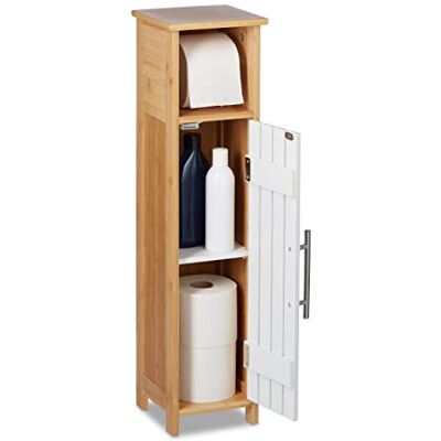 Relaxdays Portarrollos Baño de Pie con Puerta, Armario Pequeño, 71 x 18 x 20 cm, MDF y Bambú, 3 Baldas, Marrón y Blanco Relaxdays Portarrollos Baño de Pie con Puerta, Armario Pequeño, 71 x 18 x 20 cm, MDF y Bambú, 3 Baldas, Marrón y Blanco