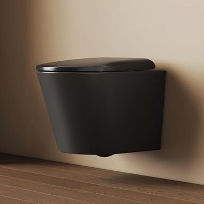 EMKE Inodoro colgante negro mate, 490 × 365 × 360 mm, pared inodoro sin bordes, con doble orificio de contracorriente y descarga de varios orificios, taza de inodoro de cerámica, asiento de inodoro de EMKE Inodoro colgante negro mate, 490 × 365 × 360 mm, pared inodoro sin bordes, con doble orificio de contracorriente y descarga de varios orificios, taza de inodoro de cerámica, asiento de inodoro de