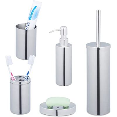 Relaxdays Set de Baño Accesorios, 5 Piezas Acero Inoxidable Pulido, Jabonera, Soporte, Vaso, Dispensador Jabón, Plateado Relaxdays Set de Baño Accesorios, 5 Piezas Acero Inoxidable Pulido, Jabonera, Soporte, Vaso, Dispensador Jabón, Plateado