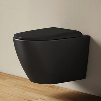 EMKE Inodoro colgante negro mate, 490 × 370 × 370 mm, pared inodoro sin bordes, con doble orificio de contracorriente y descarga de varios orificios, taza de inodoro de cerámica, asiento de inodoro de EMKE Inodoro colgante negro mate, 490 × 370 × 370 mm, pared inodoro sin bordes, con doble orificio de contracorriente y descarga de varios orificios, taza de inodoro de cerámica, asiento de inodoro de