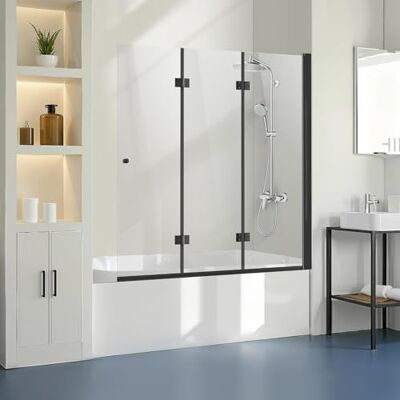 VEVOR Puerta de Ducha para Bañera 1295 x 1422 mm, Puerta de Ducha Plegable de Tres Pliegues sin Marco con Bisagras, Puerta de Vidrio Templado Giratoria de 180°, Grosor de Vidrio de 6 mm, Negro VEVOR Puerta de Ducha para Bañera 1295 x 1422 mm, Puerta de Ducha Plegable de Tres Pliegues sin Marco con Bisagras, Puerta de Vidrio Templado Giratoria de 180°, Grosor de Vidrio de 6 mm, Negro