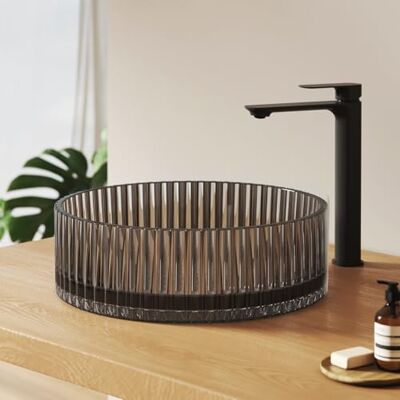 EMKE Lavabo de cristal redondo 40,0 × 40,0 × 12,0 cm – Diseño de cristal lavabo de gran volumen para baño y aseo de invitados, lavabo de mano sin agujero para grifo, color negro EMKE Lavabo de cristal redondo 40,0 × 40,0 × 12,0 cm – Diseño de cristal lavabo de gran volumen para baño y aseo de invitados, lavabo de mano sin agujero para grifo, color negro