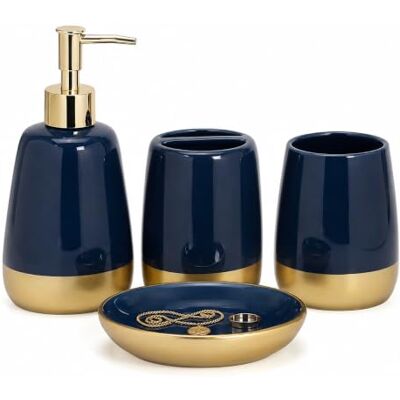 Generic Juego de Accesorios de baño de Lujo Azul Marino y Dorado, 4 Piezas, Juego de Accesorios de cerámica para encimera de tocador para decoración de baño con dispensador de jabón, Soporte para Cepillo de Generic Juego de Accesorios de baño de Lujo Azul Marino y Dorado, 4 Piezas, Juego de Accesorios de cerámica para encimera de tocador para decoración de baño con dispensador de jabón, Soporte para Cepillo de