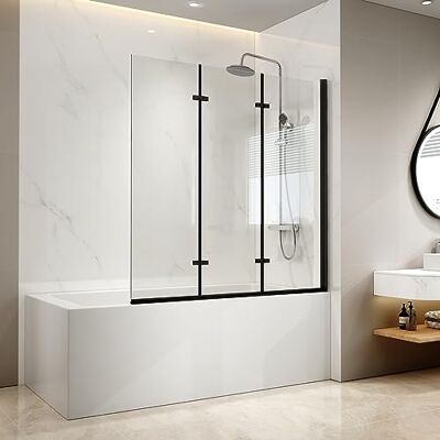 EMKE Mampara de ducha para bañera, 130 x 140 cm, color negro, 3 piezas, plegable, mampara de ducha para bañera, mampara de ducha de 6 mm, cristal de seguridad EMKE Mampara de ducha para bañera, 130 x 140 cm, color negro, 3 piezas, plegable, mampara de ducha para bañera, mampara de ducha de 6 mm, cristal de seguridad