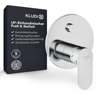 Kludi X1 grifo de ducha empotrado con limitación de agua caliente, grifo mezclador para 2 consumidores, interruptor de paso de agua pulsando un botón, cromo, accesorios necesarios Slimbox (Art Kludi X1 grifo de ducha empotrado con limitación de agua caliente, grifo mezclador para 2 consumidores, interruptor de paso de agua pulsando un botón, cromo, accesorios necesarios Slimbox (Art