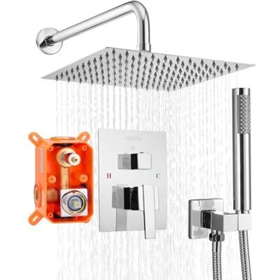 VEVOR Juego de Grifo de Ducha de Lluvia con Cabezal de Ducha Cuadrado 25,4 cm y Rociador de Mano, Grifería de Baño de Pared con Válvula de Latón y Kit de Embellecedor, 6,7 L/min, Cromado Plateado VEVOR Juego de Grifo de Ducha de Lluvia con Cabezal de Ducha Cuadrado 25,4 cm y Rociador de Mano, Grifería de Baño de Pared con Válvula de Latón y Kit de Embellecedor, 6,7 L/min, Cromado Plateado