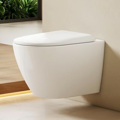 EMKE Inodoro colgante blanco, 490 × 370 × 370 mm, pared inodoro sin bordes, con doble orificio de contracorriente y descarga multiorificio, inodoro de cerámica, asiento de inodoro de cierre suave y EMKE Inodoro colgante blanco, 490 × 370 × 370 mm, pared inodoro sin bordes, con doble orificio de contracorriente y descarga multiorificio, inodoro de cerámica, asiento de inodoro de cierre suave y