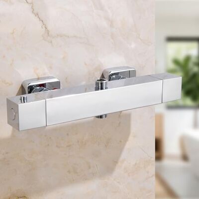 AuraLum Grifo Termostático Ducha, Mezclador con Cuerpo Frío Antiescaldaduras, Botón de Seguridad 38°C, Distancia entre Agujeros Ajustable 135-165 mm, Doble Salida G1/2 para Columna ducha, Cromo AuraLum Grifo Termostático Ducha, Mezclador con Cuerpo Frío Antiescaldaduras, Botón de Seguridad 38°C, Distancia entre Agujeros Ajustable 135-165 mm, Doble Salida G1/2 para Columna ducha, Cromo