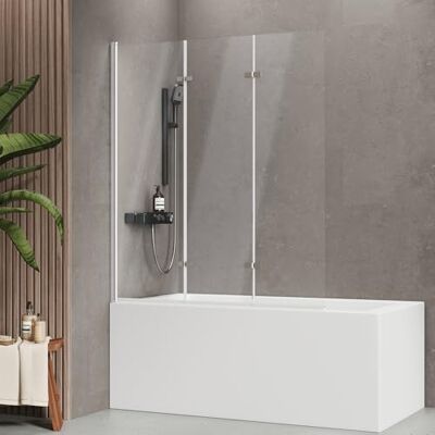 EMKE Mampara de ducha plegable para bañera, 120 x 140 cm, 3 piezas, cristal Giratorio 180°, elevación, fácil de limpiar, marco de aluminio, accesorio para bañera, mampara de ducha, ahorra espacio EMKE Mampara de ducha plegable para bañera, 120 x 140 cm, 3 piezas, cristal Giratorio 180°, elevación, fácil de limpiar, marco de aluminio, accesorio para bañera, mampara de ducha, ahorra espacio