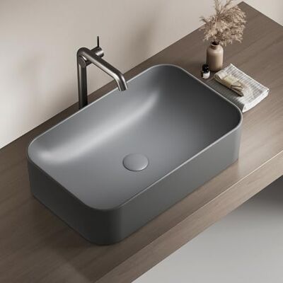 EMKE Lavabo rectangular 61 × 38 × 15 cm, Lavabo para inodoro Invitados, Lavabo de cerámica para lavabo, lavabo de baño,Gris oscuro mate EMKE Lavabo rectangular 61 × 38 × 15 cm, Lavabo para inodoro Invitados, Lavabo de cerámica para lavabo, lavabo de baño,Gris oscuro mate
