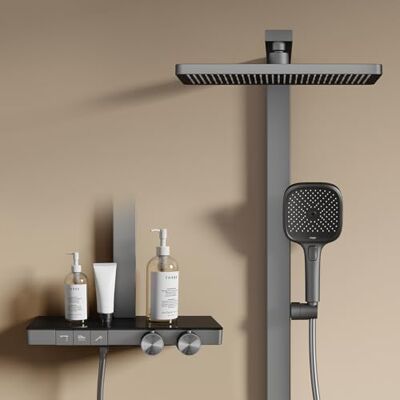 EMKE Columna de ducha termostática, antracita mate, flujo ajustable, ducha de lluvia 36 x 24 cm, ducha de mano con 4 chorros, incluye barra de ducha y manguera, sistema de ducha termostático EMKE Columna de ducha termostática, antracita mate, flujo ajustable, ducha de lluvia 36 x 24 cm, ducha de mano con 4 chorros, incluye barra de ducha y manguera, sistema de ducha termostático