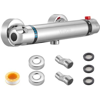 VEVOR Válvula Termostática a Grifo de Ducha, Antiescaldaduras, con Cierre Seguro 38 ℃, Agua Fría y Caliente, Control de Temperatura a Baño y Caravana, con Revestimiento Cromado, 280 x 63 x 48 mm VEVOR Válvula Termostática a Grifo de Ducha, Antiescaldaduras, con Cierre Seguro 38 ℃, Agua Fría y Caliente, Control de Temperatura a Baño y Caravana, con Revestimiento Cromado, 280 x 63 x 48 mm