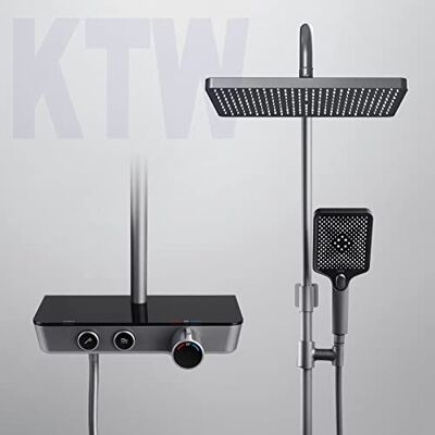 EMKE Juego de ducha con termostato, sistema de ducha de lluvia, juego de ducha de mano con 3 intensidades de chorro, juego de columna de ducha con estante de cristal, certificado KTW sistema de ducha EMKE Juego de ducha con termostato, sistema de ducha de lluvia, juego de ducha de mano con 3 intensidades de chorro, juego de columna de ducha con estante de cristal, certificado KTW sistema de ducha