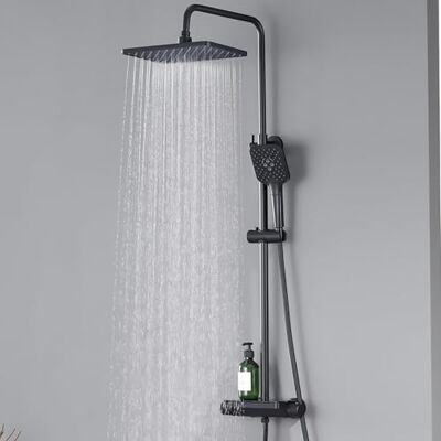 AuraLum Columna de Ducha con Grifo Termostático, Columna Ducha Negro con Estante, Rociador Ducha Lluvia 30x19cm, Alcachofa de Ducha 3 Modos con Manguera 1,5m, Duchas de Baño Altura Regulable 88-124cm AuraLum Columna de Ducha con Grifo Termostático, Columna Ducha Negro con Estante, Rociador Ducha Lluvia 30x19cm, Alcachofa de Ducha 3 Modos con Manguera 1,5m, Duchas de Baño Altura Regulable 88-124cm