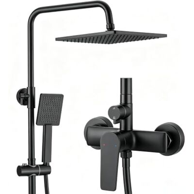 AuraLum Columna Ducha con Mezclador Negro Mate, Conjunto de Ducha con Rociador Cuadrado 10", Grifería de Latón Antical y Flexo PVC 1.5m, Barra Extensible 124cm, Distancia entre Orificios 78-112 cm AuraLum Columna Ducha con Mezclador Negro Mate, Conjunto de Ducha con Rociador Cuadrado 10", Grifería de Latón Antical y Flexo PVC 1.5m, Barra Extensible 124cm, Distancia entre Orificios 78-112 cm