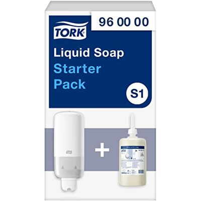 Tork Starter Pack para jabón líquido y en spray S1/S11 + recambio de jabón para lavar las manos (1 x 1000 ml), Color Blanco Tork Starter Pack para jabón líquido y en spray S1/S11 + recambio de jabón para lavar las manos (1 x 1000 ml), Color Blanco
