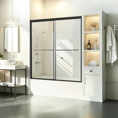 VEVOR Puerta de Ducha para Bañera de 1422-1524 x 1524 mm, Puerta de Bañera Corrediza Doble Semisin Marco con Vidrio Templado irrompible de Espesor de 6 mm y Manija de Acero Inoxidable, Color Negro VEVOR Puerta de Ducha para Bañera de 1422-1524 x 1524 mm, Puerta de Bañera Corrediza Doble Semisin Marco con Vidrio Templado irrompible de Espesor de 6 mm y Manija de Acero Inoxidable, Color Negro