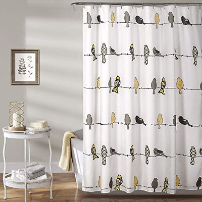 Cortina de ducha de Lush Decor Rowley - Diseño de animales y aves florales para baño - 72" x 72" - Amarillo y gris Cortina de ducha de Lush Decor Rowley - Diseño de animales y aves florales para baño - 72" x 72" - Amarillo y gris