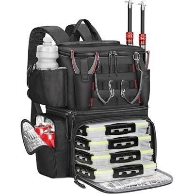 MATEIN Mochila Pesca con 4 Cajas de Aparejos, Mochila de Pesca Impermeable Soporte para Caña y Compartimento Térmico, Mochilas de Pesca para Camping y Senderismo, Regalo para Pescadores, Negro MATEIN Mochila Pesca con 4 Cajas de Aparejos, Mochila de Pesca Impermeable Soporte para Caña y Compartimento Térmico, Mochilas de Pesca para Camping y Senderismo, Regalo para Pescadores, Negro