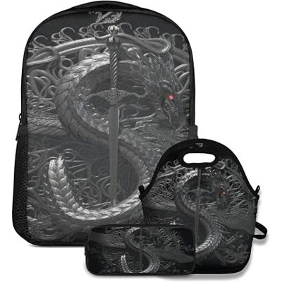 Alvaradod Juego de Mochila Escolar, Escultura Ornamental Plateada de un dragón con símbolo de Espada de Moneda de dólar, con Bolsa de Almuerzo y Estuche para lápices, para niñas, niños, Adolescentes, Bonita Alvaradod Juego de Mochila Escolar, Escultura Ornamental Plateada de un dragón con símbolo de Espada de Moneda de dólar, con Bolsa de Almuerzo y Estuche para lápices, para niñas, niños, Adolescentes, Bonita