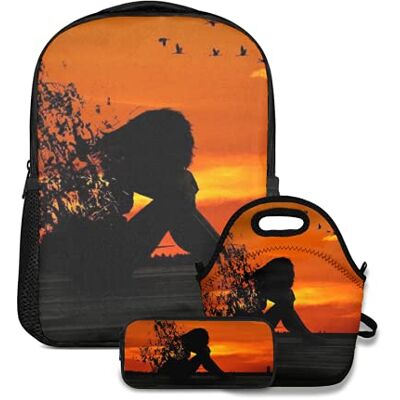 Alvaradod Juego de Mochila Escolar, Sunset Human Sad, con Bolsa de Almuerzo y Estuche para lápices, para niñas, niños, Adolescentes, Bonita Mochila Escolar Impermeable Alvaradod Juego de Mochila Escolar, Sunset Human Sad, con Bolsa de Almuerzo y Estuche para lápices, para niñas, niños, Adolescentes, Bonita Mochila Escolar Impermeable