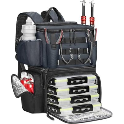 MATEIN Mochila Pesca con 4 Cajas de Aparejos, Mochila de Pesca Impermeable Soporte para Caña y Compartimento Térmico, Mochilas de Pesca para Camping y Senderismo, Regalo para Pescadores, Gris-Negro MATEIN Mochila Pesca con 4 Cajas de Aparejos, Mochila de Pesca Impermeable Soporte para Caña y Compartimento Térmico, Mochilas de Pesca para Camping y Senderismo, Regalo para Pescadores, Gris-Negro