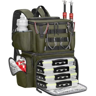 MATEIN Mochila Pesca con 4 Cajas de Aparejos, Mochila de Pesca Impermeable Soporte para Caña y Compartimento Térmico, Mochilas de Pesca para Camping y Senderismo, Regalo para Pescadores, Verde Oliva MATEIN Mochila Pesca con 4 Cajas de Aparejos, Mochila de Pesca Impermeable Soporte para Caña y Compartimento Térmico, Mochilas de Pesca para Camping y Senderismo, Regalo para Pescadores, Verde Oliva