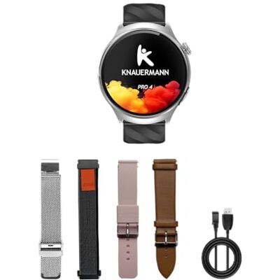 Knauermann Pro 4 (2026) Reloj de Salud Redondo para la presión Arterial, Pulso y análisis del sueño, telefonía, IP67, Paquete Exclusivo con 4 Pulseras Knauermann Pro 4 (2026) Reloj de Salud Redondo para la presión Arterial, Pulso y análisis del sueño, telefonía, IP67, Paquete Exclusivo con 4 Pulseras