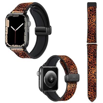 Watch & Me Correa de reloj para Apple 22 mm (38/40/41/42/44/45 mm) de silicona y cuero auténtico: leopardo Watch & Me Correa de reloj para Apple 22 mm (38/40/41/42/44/45 mm) de silicona y cuero auténtico: leopardo