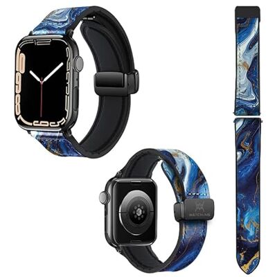 Watch & Me Correa de reloj para Apple 20 mm (38/40/41/42/44/45 mm) de silicona y cuero auténtico: Mármol Azul Watch & Me Correa de reloj para Apple 20 mm (38/40/41/42/44/45 mm) de silicona y cuero auténtico: Mármol Azul